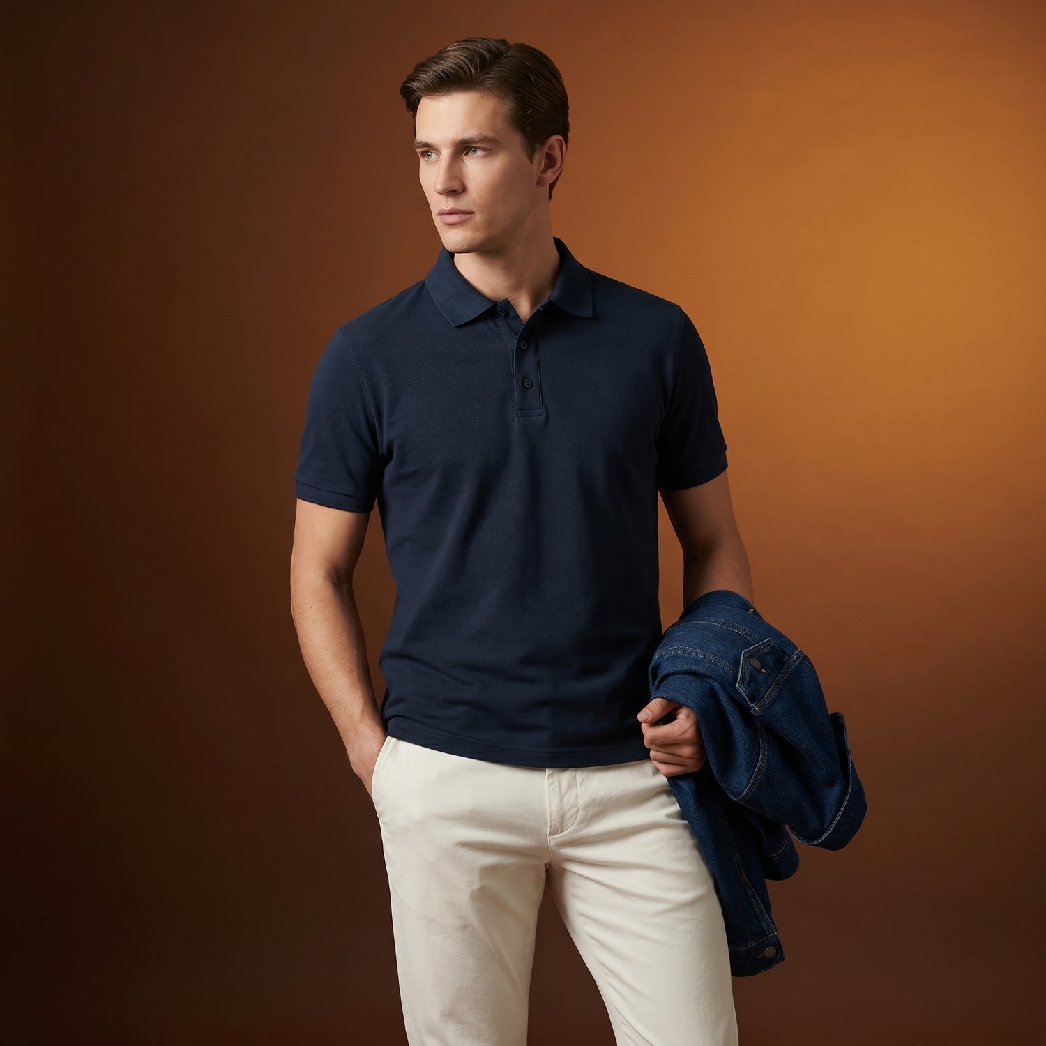 Man wearing a navy polo shirt and white pants holding a blue jacket against a brown background